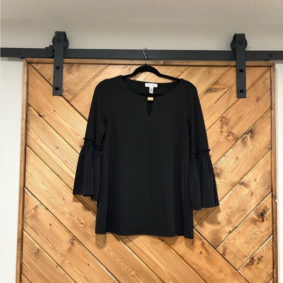 Calvin Klein Black Women's Bell Sleeve Top w/ Gold Accent – Elegant & Versatile - Picture 1 of 5